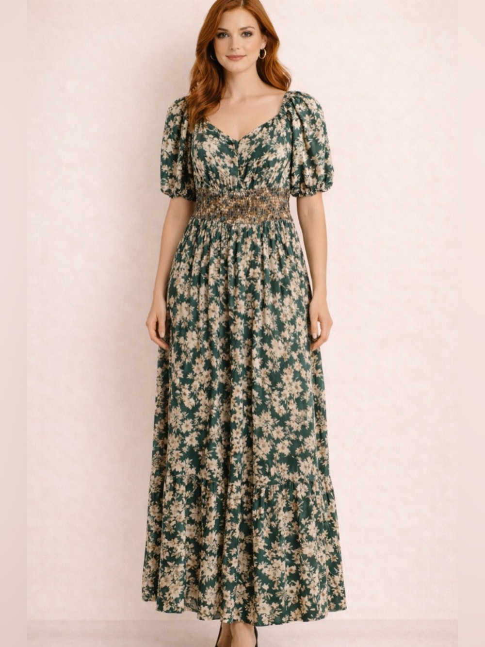 Green Floral Maxi Dress with Cream Print and Smocked Waist